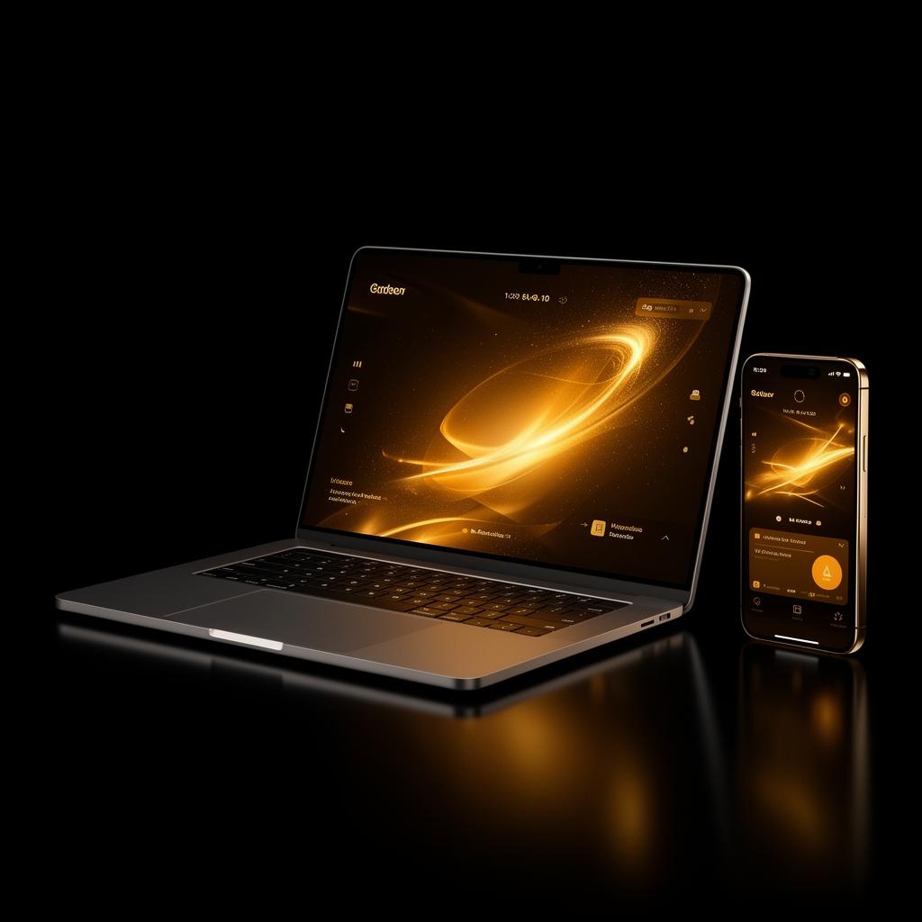 Cinematic laptop and phone mockups with golden glowing UI